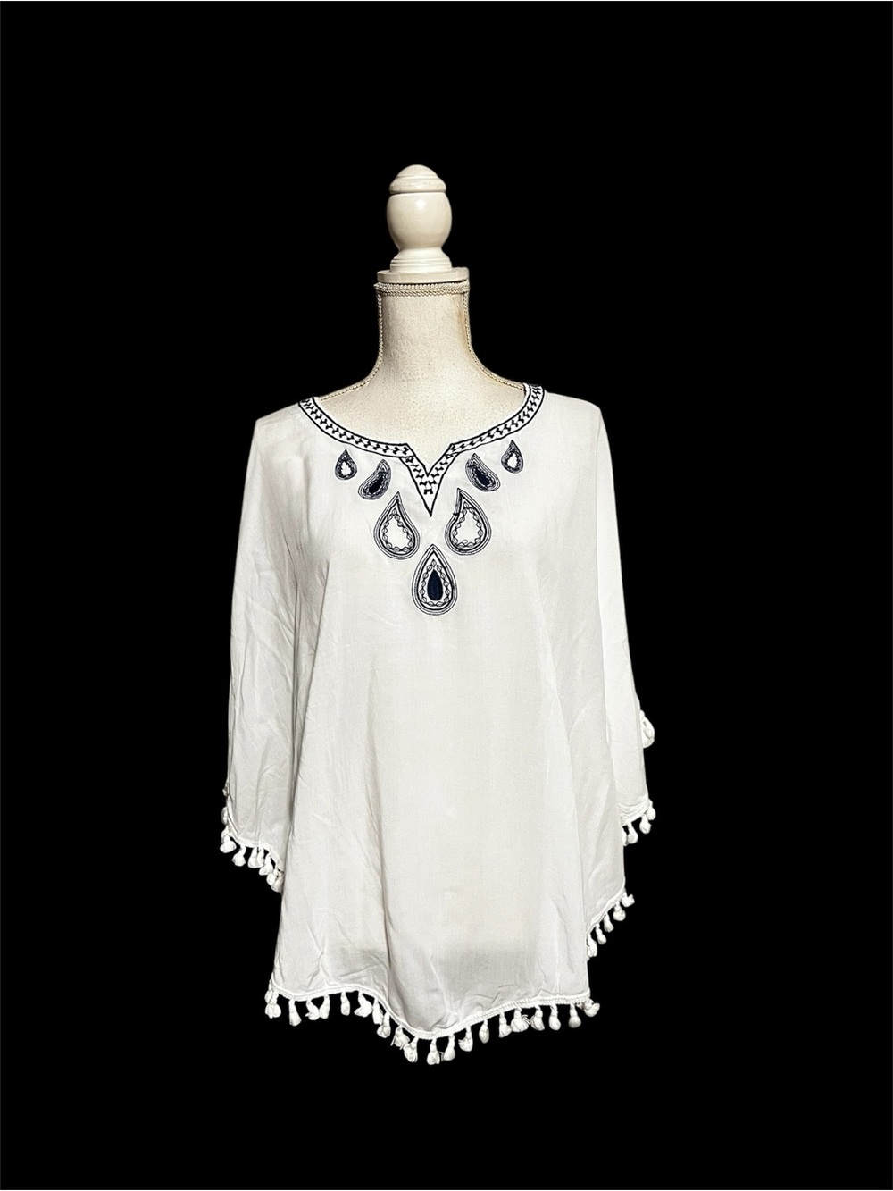 Kori White Tunic Top with Navy Embroidered Teardrops and Tassel Hem